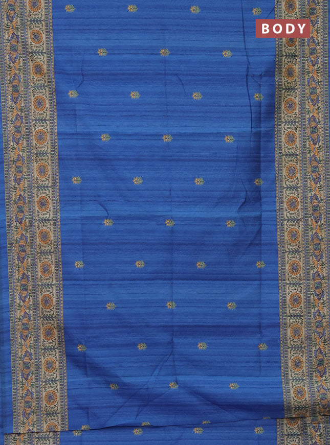 Semi tussar saree blue and beige with butta prints and madhubani printed pallu