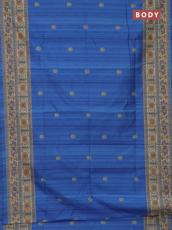 Semi tussar saree blue and beige with butta prints and madhubani printed pallu