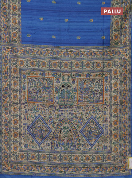 Semi tussar saree blue and beige with butta prints and madhubani printed pallu