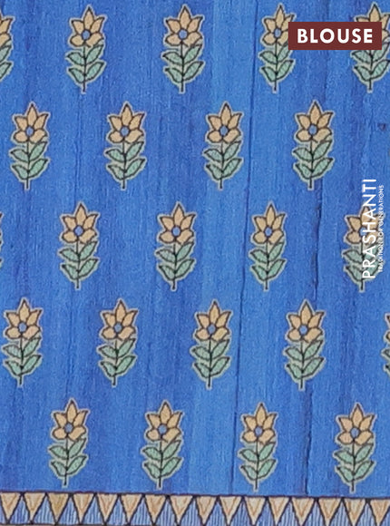 Semi tussar saree blue and beige with butta prints and madhubani printed pallu
