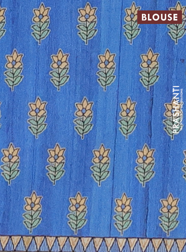 Semi tussar saree blue and beige with butta prints and madhubani printed pallu