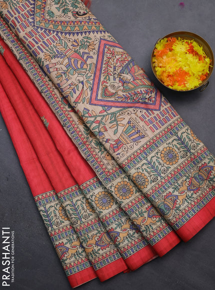 Semi tussar saree red and beige with butta prints and madhubani printed pallu