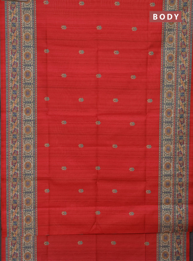 Semi tussar saree red and beige with butta prints and madhubani printed pallu