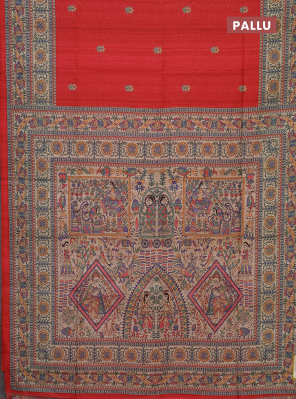 Semi tussar saree red and beige with butta prints and madhubani printed pallu