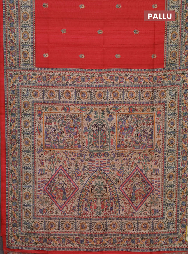 Semi tussar saree red and beige with butta prints and madhubani printed pallu