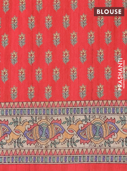 Semi tussar saree red and beige with butta prints and madhubani printed pallu