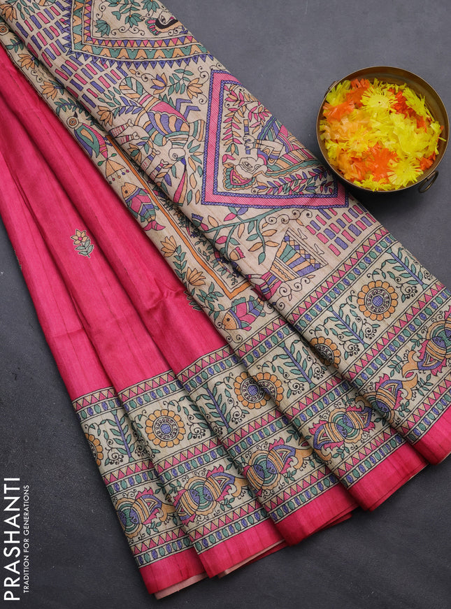 Semi tussar saree pink and beige with butta prints and madhubani printed pallu