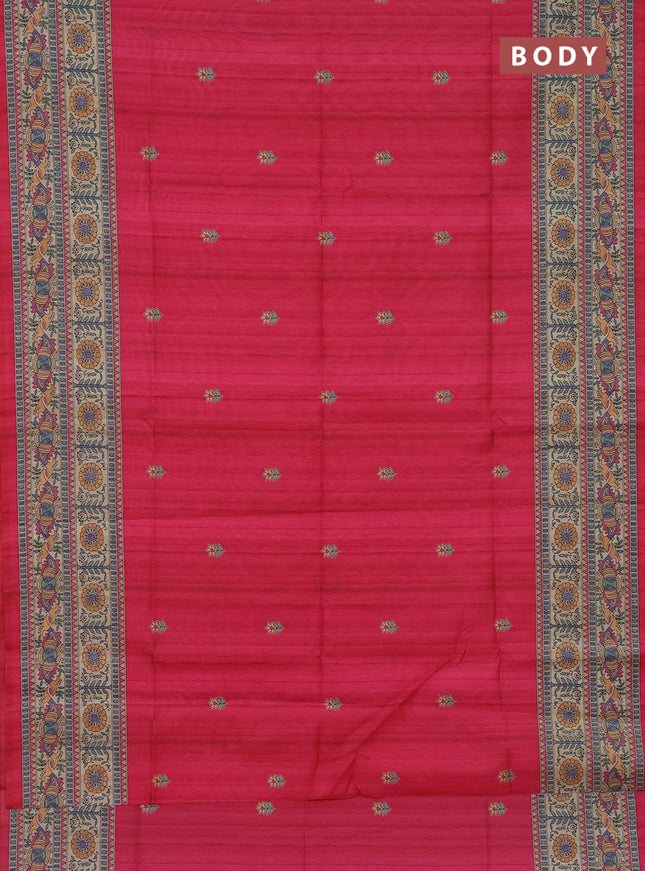 Semi tussar saree pink and beige with butta prints and madhubani printed pallu