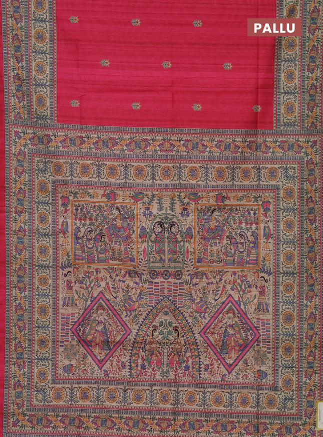 Semi tussar saree pink and beige with butta prints and madhubani printed pallu