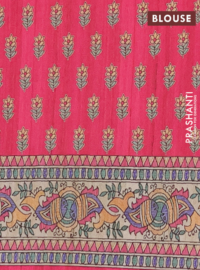 Semi tussar saree pink and beige with butta prints and madhubani printed pallu
