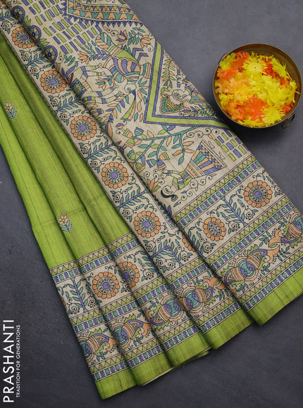 Semi tussar saree light green and beige with butta prints and madhubani printed pallu