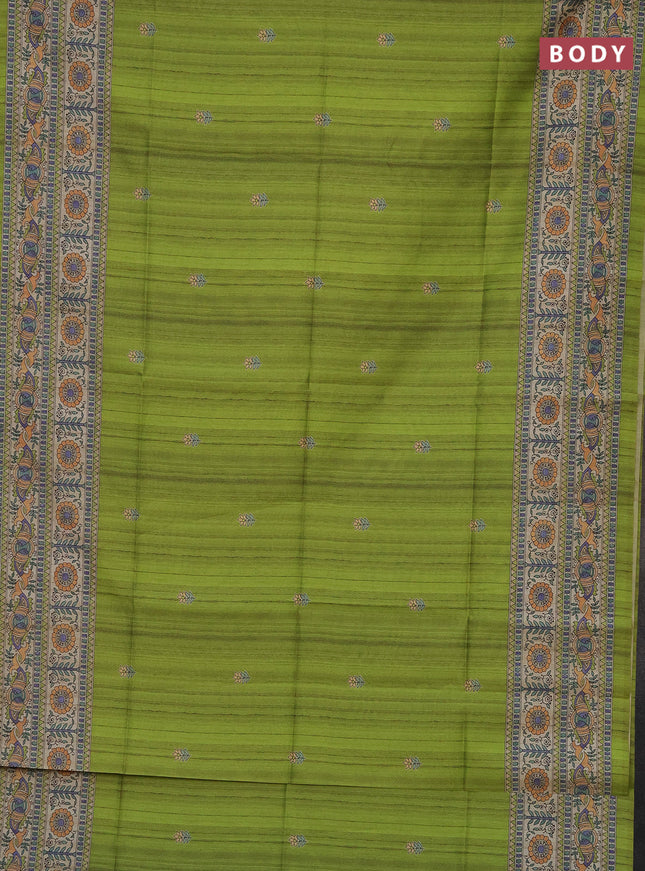 Semi tussar saree light green and beige with butta prints and madhubani printed pallu