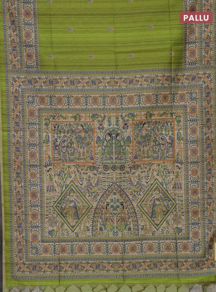 Semi tussar saree light green and beige with butta prints and madhubani printed pallu