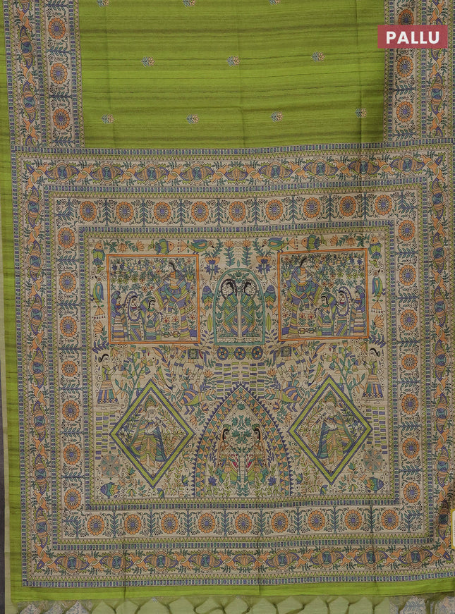 Semi tussar saree light green and beige with butta prints and madhubani printed pallu