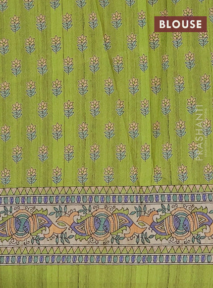 Semi tussar saree light green and beige with butta prints and madhubani printed pallu