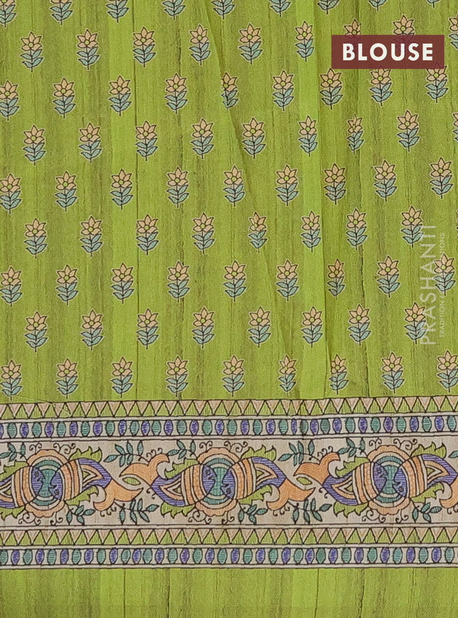 Semi tussar saree light green and beige with butta prints and madhubani printed pallu