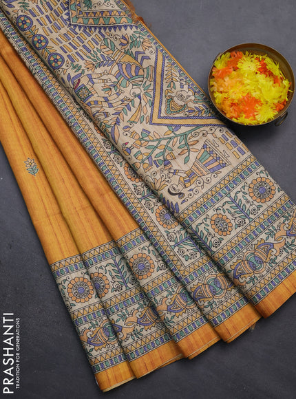 Semi tussar saree mustard yellow and beige with butta prints and madhubani printed pallu