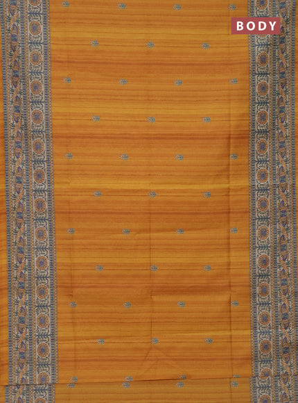Semi tussar saree mustard yellow and beige with butta prints and madhubani printed pallu