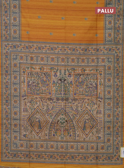 Semi tussar saree mustard yellow and beige with butta prints and madhubani printed pallu