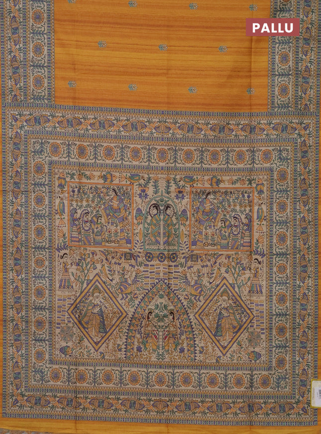 Semi tussar saree mustard yellow and beige with butta prints and madhubani printed pallu