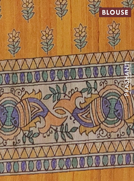 Semi tussar saree mustard yellow and beige with butta prints and madhubani printed pallu