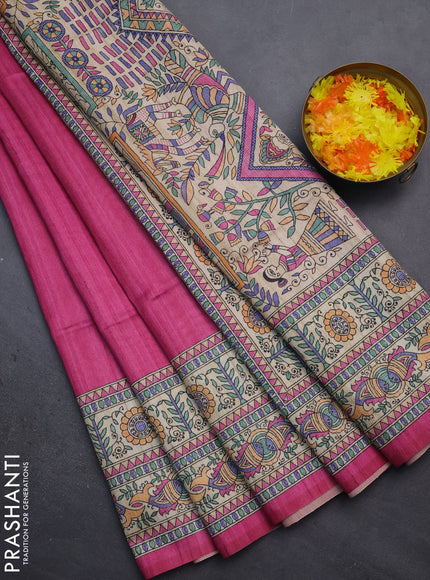 Semi tussar saree magenta pink and beige with butta prints and madhubani printed pallu