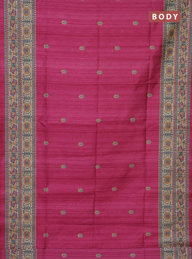 Semi tussar saree magenta pink and beige with butta prints and madhubani printed pallu