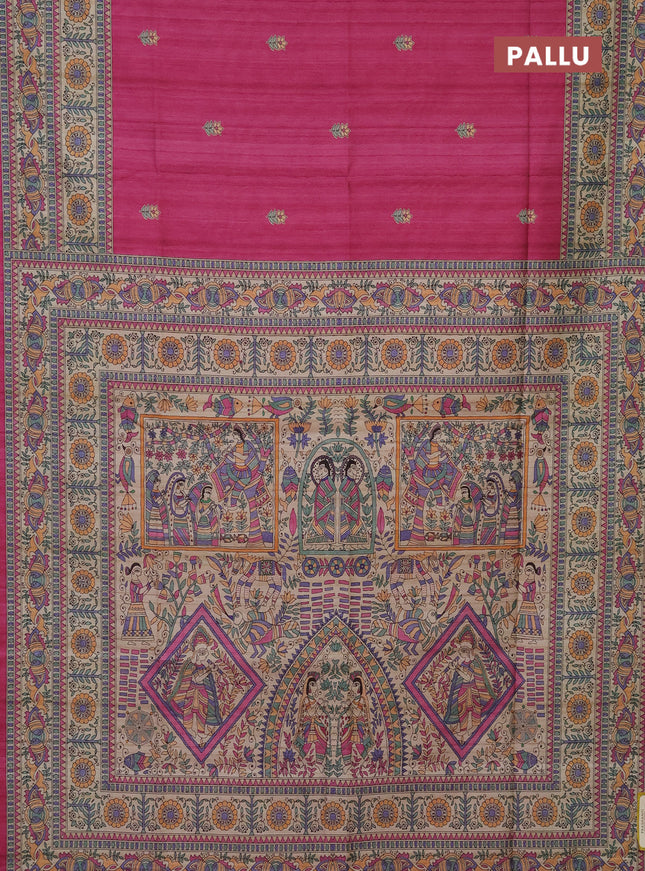 Semi tussar saree magenta pink and beige with butta prints and madhubani printed pallu