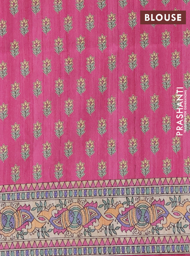 Semi tussar saree magenta pink and beige with butta prints and madhubani printed pallu