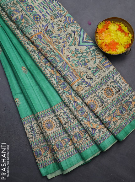 Semi tussar saree green and beige with butta prints and madhubani printed pallu