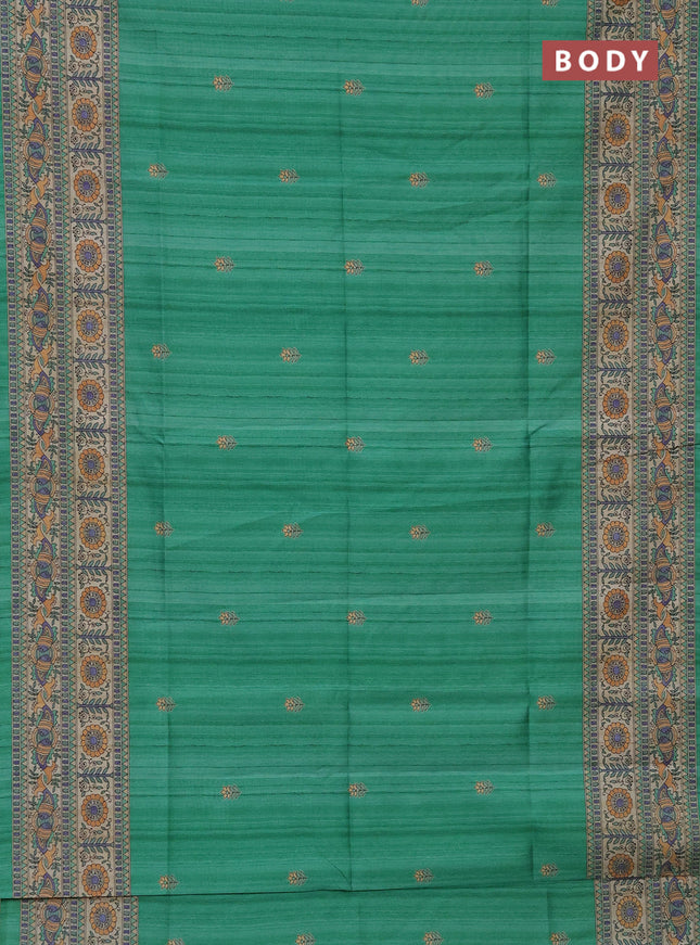 Semi tussar saree green and beige with butta prints and madhubani printed pallu