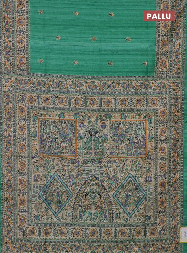 Semi tussar saree green and beige with butta prints and madhubani printed pallu