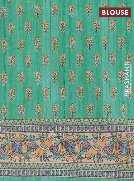 Semi tussar saree green and beige with butta prints and madhubani printed pallu