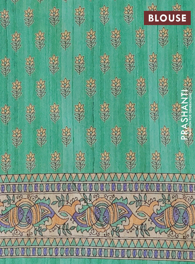 Semi tussar saree green and beige with butta prints and madhubani printed pallu