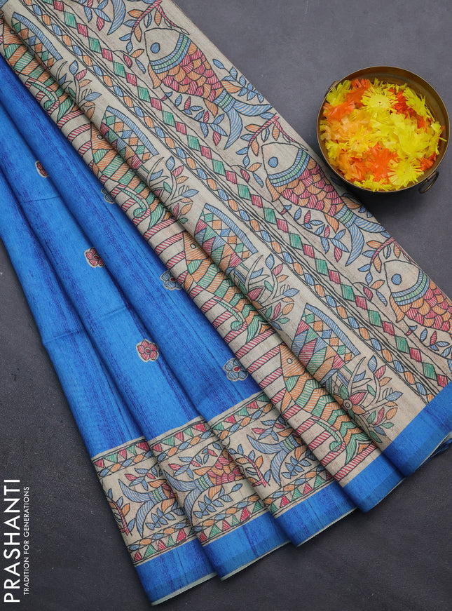 Semi tussar saree cs blue and beige with butta prints and madhubani printed pallu