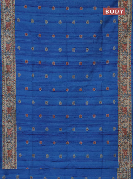 Semi tussar saree cs blue and beige with butta prints and madhubani printed pallu