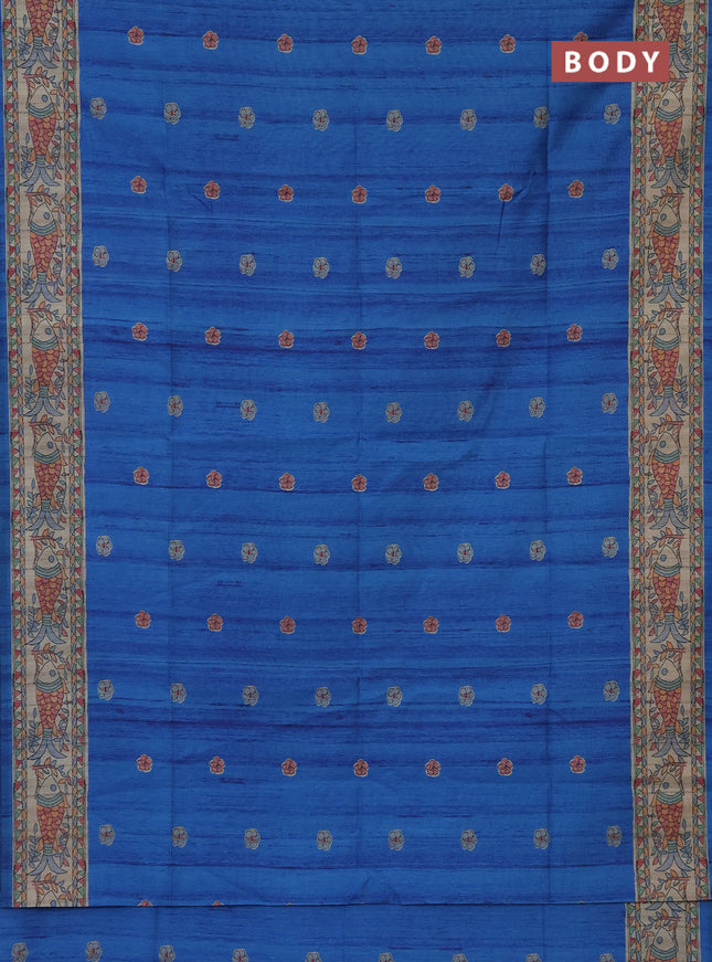 Semi tussar saree cs blue and beige with butta prints and madhubani printed pallu