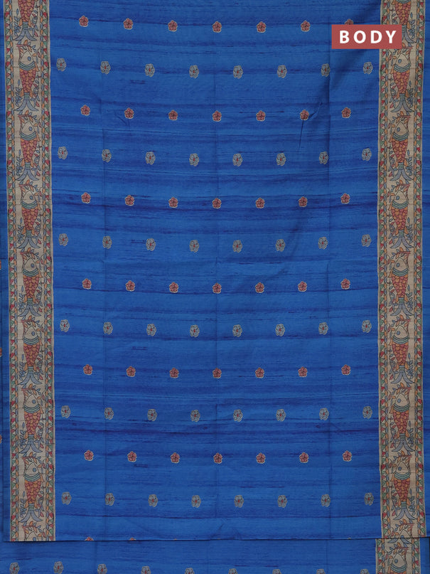 Semi tussar saree cs blue and beige with butta prints and madhubani printed pallu