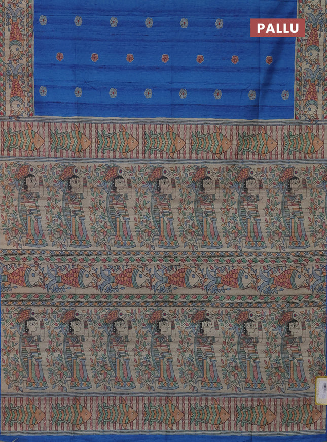 Semi tussar saree cs blue and beige with butta prints and madhubani printed pallu