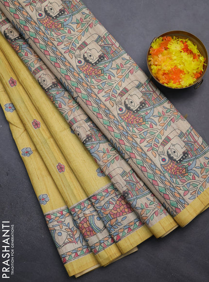 Semi tussar saree yellow and beige with butta prints and madhubani printed pallu
