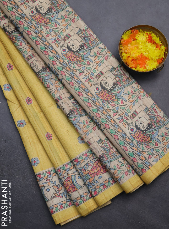 Semi tussar saree yellow and beige with butta prints and madhubani printed pallu