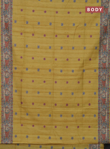 Semi tussar saree yellow and beige with butta prints and madhubani printed pallu