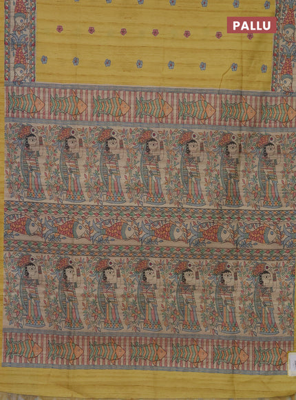 Semi tussar saree yellow and beige with butta prints and madhubani printed pallu