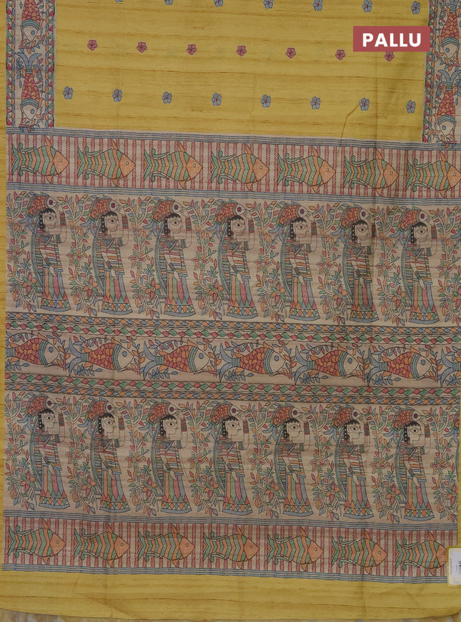 Semi tussar saree yellow and beige with butta prints and madhubani printed pallu