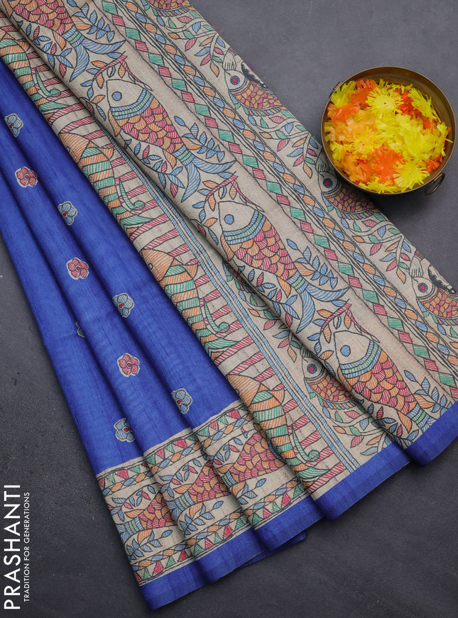 Semi tussar saree blue and beige with butta prints and madhubani printed pallu