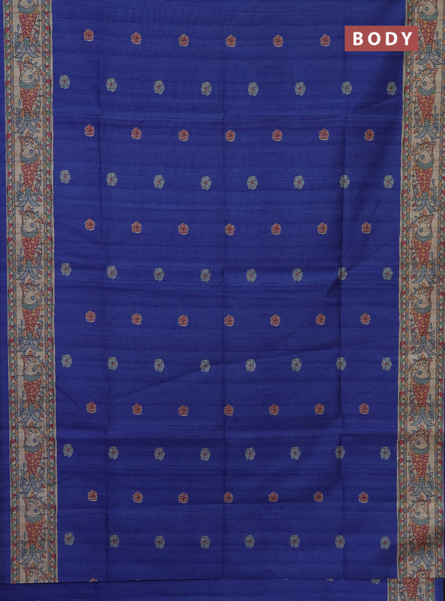 Semi tussar saree blue and beige with butta prints and madhubani printed pallu