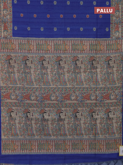 Semi tussar saree blue and beige with butta prints and madhubani printed pallu