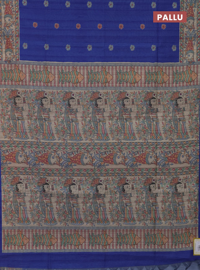 Semi tussar saree blue and beige with butta prints and madhubani printed pallu