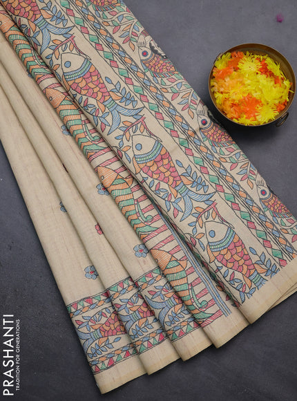 Semi tussar saree sandal with butta prints and madhubani printed pallu