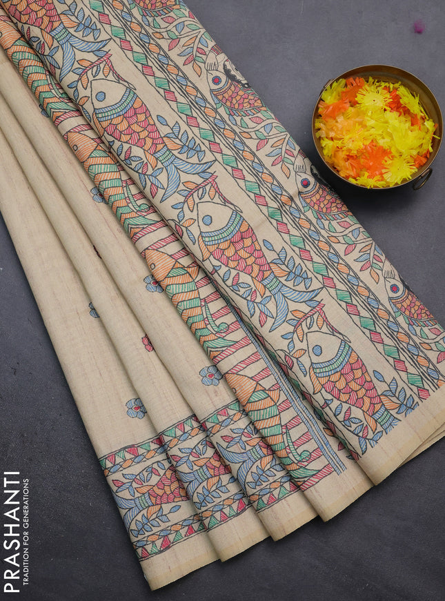 Semi tussar saree sandal with butta prints and madhubani printed pallu